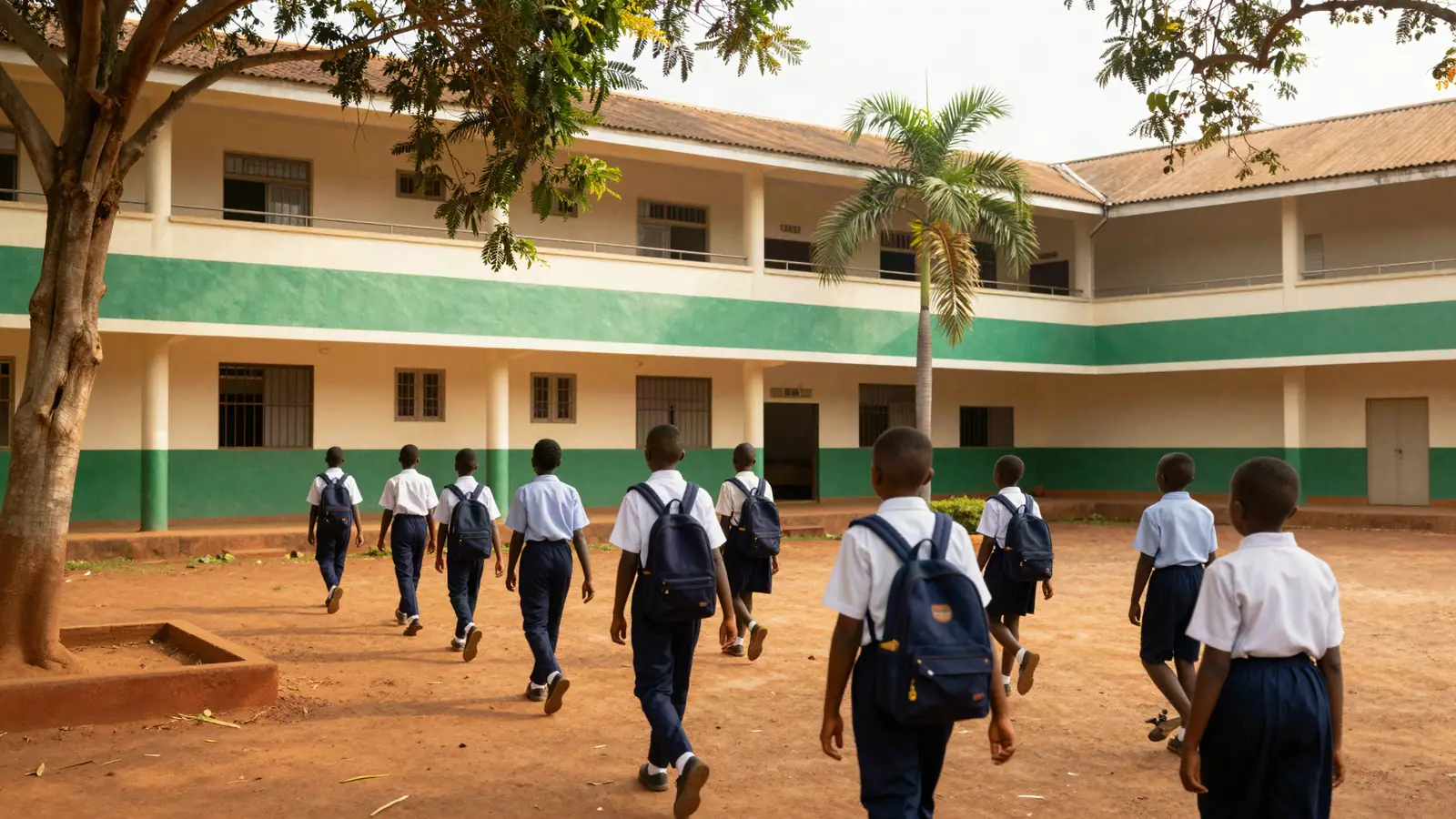 Des élèves en uniforme traversent la cour d'une école de Kinshasa