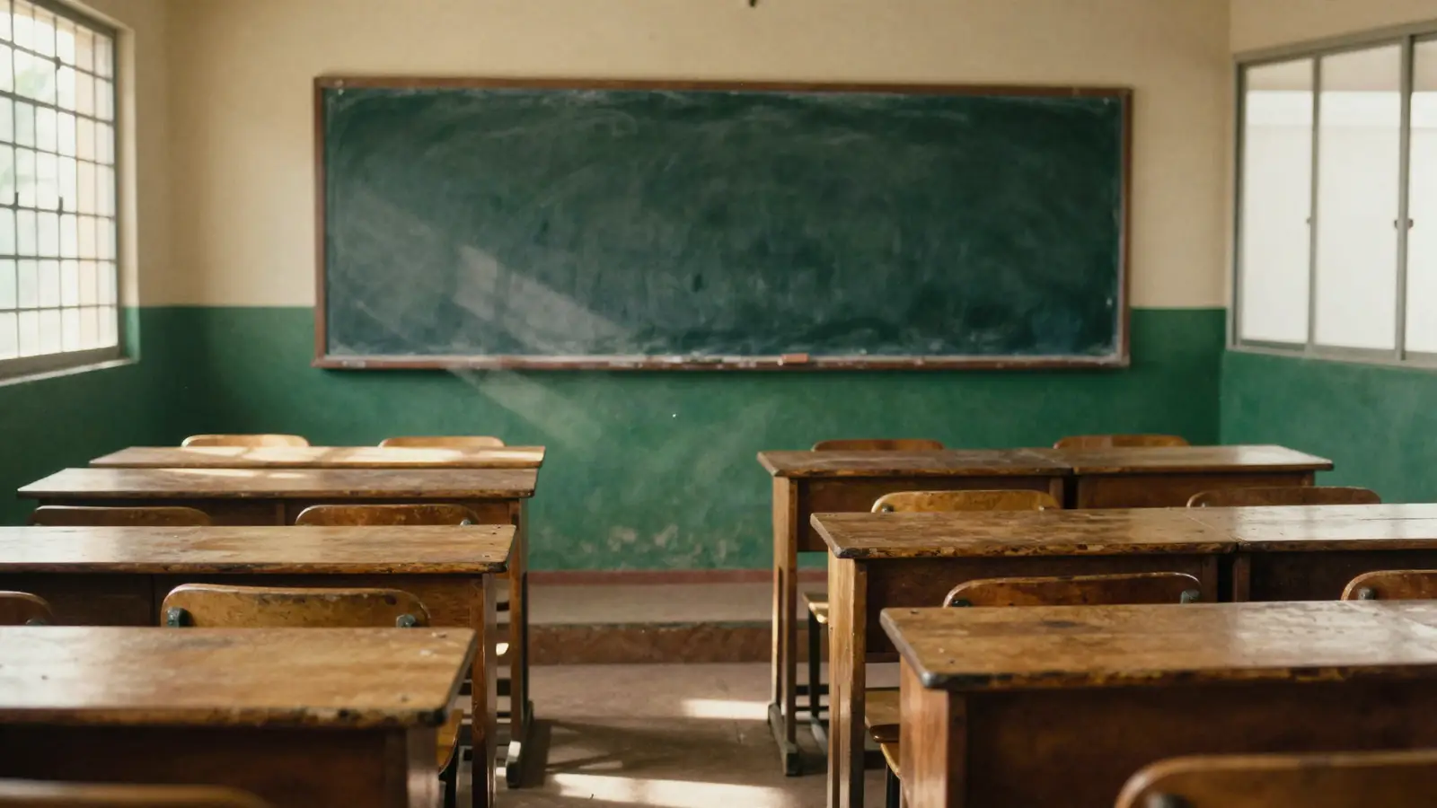 Une salle de classe vide baignée de soleil
