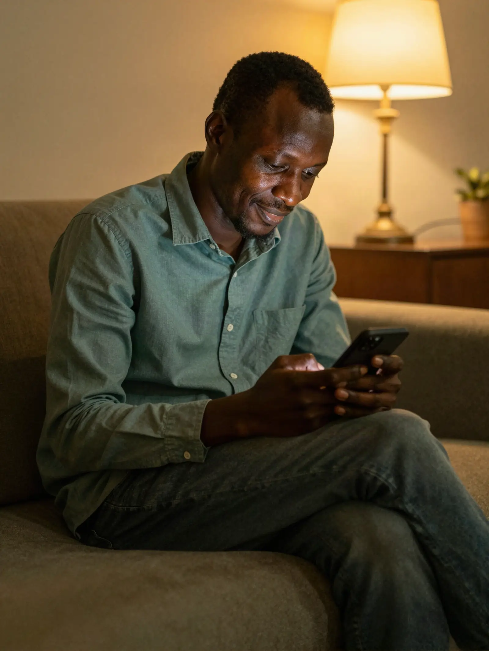 Un père consulte son téléphone le soir