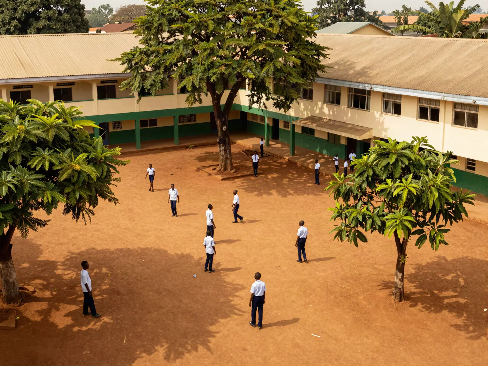 La cour d'une école pendant la récréation, vue d'en haut