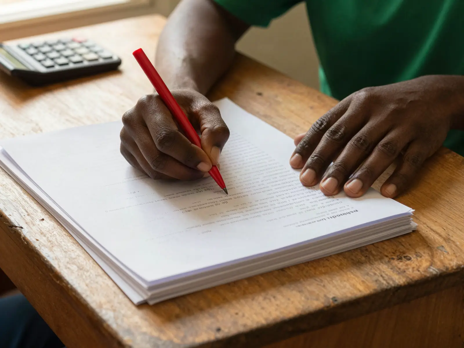 Les mains d'un professeur corrigent des copies au stylo rouge